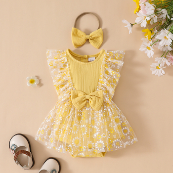 Ευρωπαϊκή και αμερικανική αμάνικη βρεφική φόρμα με τρίγωνο φιόγκο και φούστα με λουλούδια και πλέγμα, καλοκαιρινή φόρμα για νεογέννητα 0-1 ετών