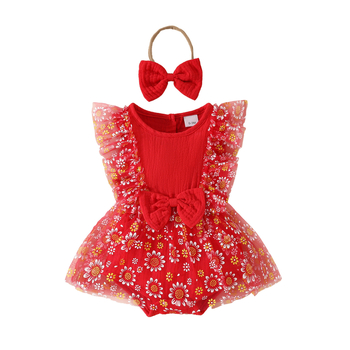 Ευρωπαϊκή και αμερικανική αμάνικη βρεφική φόρμα με τρίγωνο φιόγκο και φούστα με λουλούδια και πλέγμα, καλοκαιρινή φόρμα για νεογέννητα 0-1 ετών