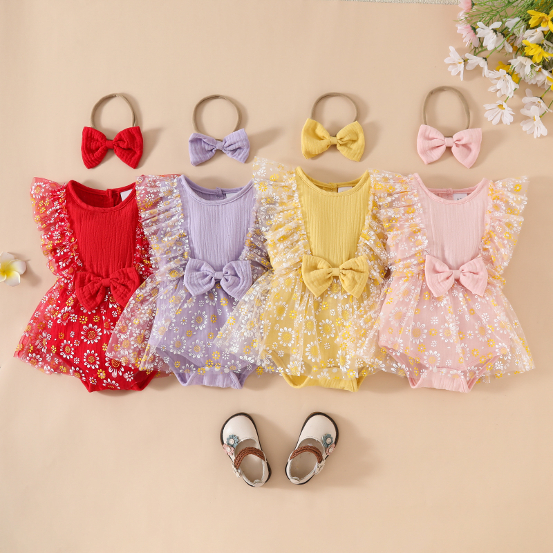 Salopetă triunghiulară fără mâneci pentru bebeluși europeni și americani, cu fustă de plasă cu flori, 0-1 an, salopetă de vară pentru nou-născuți