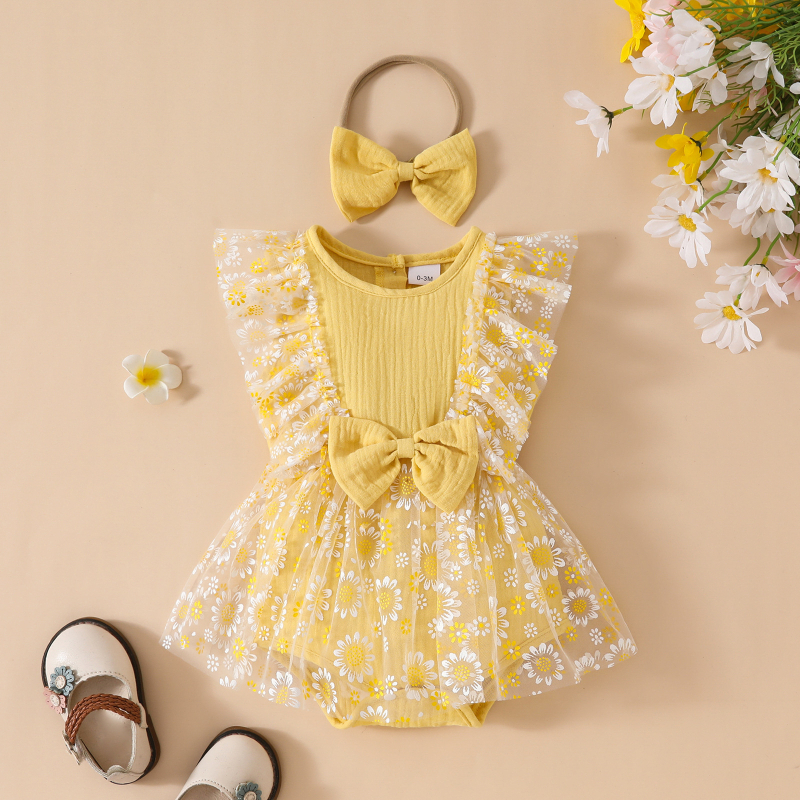 Salopetă triunghiulară fără mâneci pentru bebeluși europeni și americani, cu fustă de plasă cu flori, 0-1 an, salopetă de vară pentru nou-născuți