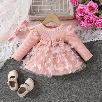 Rochie cu mânecă lungă din plasă cu fluture dulce pentru fete, de la Amazon, 0-1 an, cu bandă de păr, la modă, pentru bebeluși, fete, Pit Strip