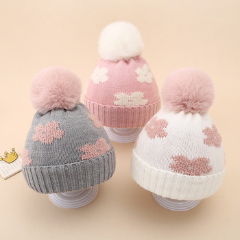 Căciulă de iarnă pentru bebeluși 2024, dublu gros, tricotată cu flori de pluș, 0-decembrie, căciulă de lână pentru nou-născuți