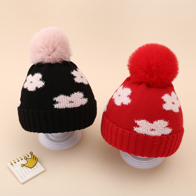 Căciulă de iarnă pentru bebeluși 2024, dublu gros, tricotată cu flori de pluș, 0-decembrie, căciulă de lână pentru nou-născuți