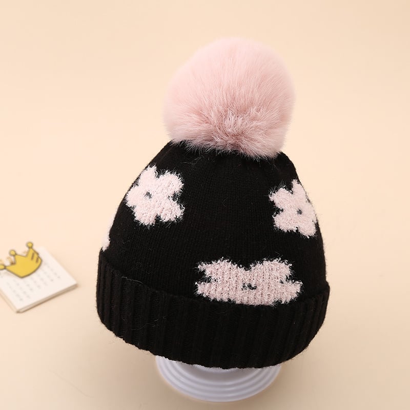 Căciulă de iarnă pentru bebeluși 2024, dublu gros, tricotată cu flori de pluș, 0-decembrie, căciulă de lână pentru nou-născuți