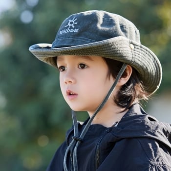 Pălărie de vară pentru copii, pălărie de pescar, pălărie de cowboy spălată pentru băieți, pălărie de camping cu scrisoare și fete, pălărie de protecție solară cu boruri mari