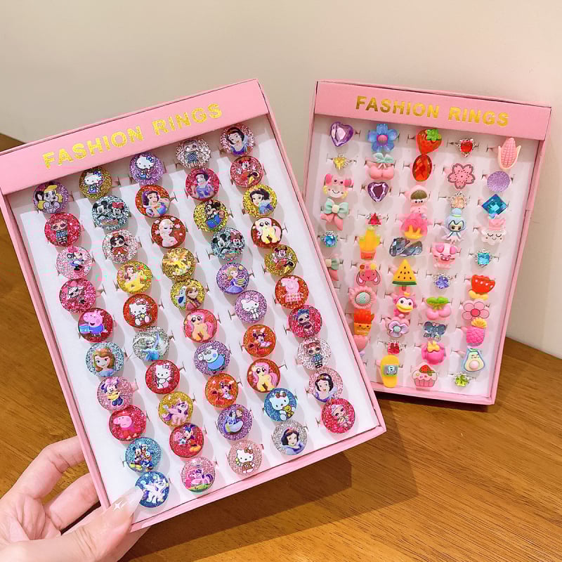 Jauns bērnu gredzenu komplekts ar 50 karikatūru kiberslavenību meiteņu gredzeniem, regulējamiem, 61 bērnu dienas gredzeniem