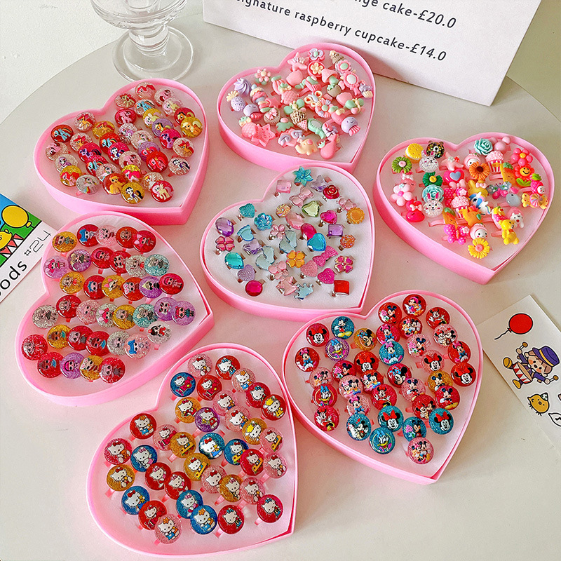 Inele noi pentru copii, pachet de 50, inele reglabile cu desene animate Cyber Celebrity pentru fete, set cadou, 61 de cadouri de Ziua Copilului