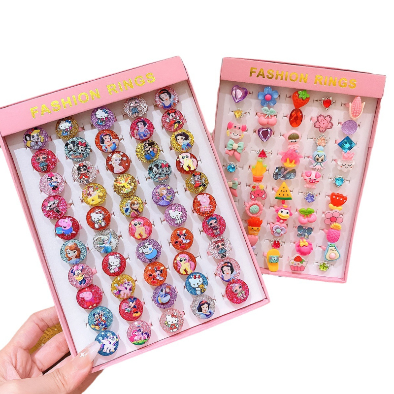 Inele noi pentru copii, pachet de 50, inele reglabile cu desene animate Cyber Celebrity pentru fete, set cadou, 61 de cadouri de Ziua Copilului