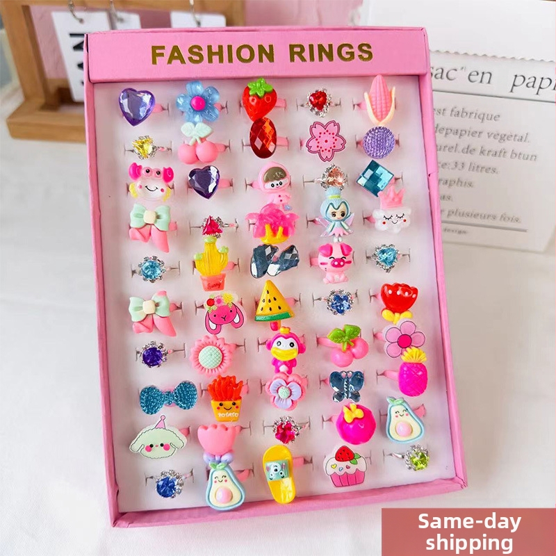 Inele noi pentru copii, pachet de 50, inele reglabile cu desene animate Cyber Celebrity pentru fete, set cadou, 61 de cadouri de Ziua Copilului