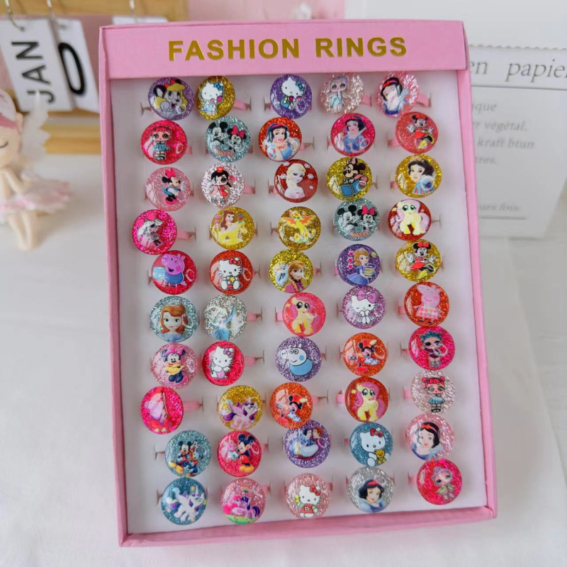 Inele noi pentru copii, pachet de 50, inele reglabile cu desene animate Cyber Celebrity pentru fete, set cadou, 61 de cadouri de Ziua Copilului