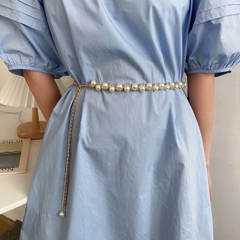 Γυναικεία φούστα με ζώνη από μαργαριτάρι, κορεάτικη, ευέλικτη, γλυκιά διακοσμητική, λεπτή μέση, μεταλλική αλυσίδα, αξεσουάρ για φόρεμα