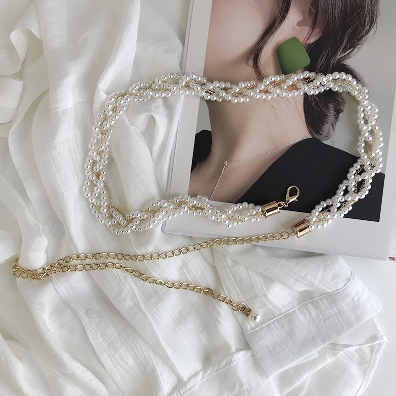 Pērļu jostas sieviešu svārki korejiešu daudzpusīgi saldi dekoratīvi plāni vidukļa ķēdes metāla ķēdes džempera kleitas aksesuāri