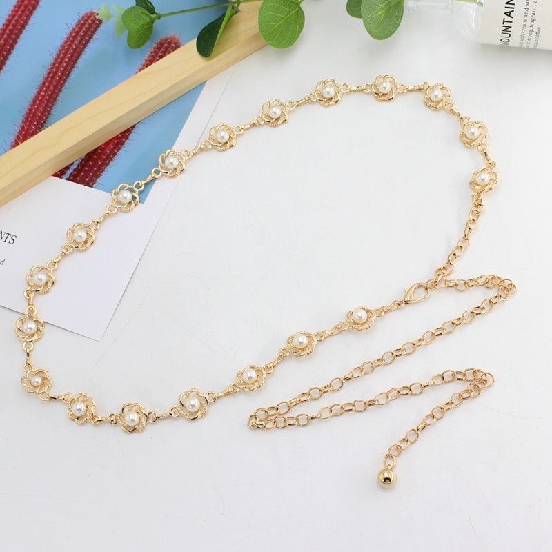 Pērļu jostas sieviešu svārki korejiešu daudzpusīgi saldi dekoratīvi plāni vidukļa ķēdes metāla ķēdes džempera kleitas aksesuāri