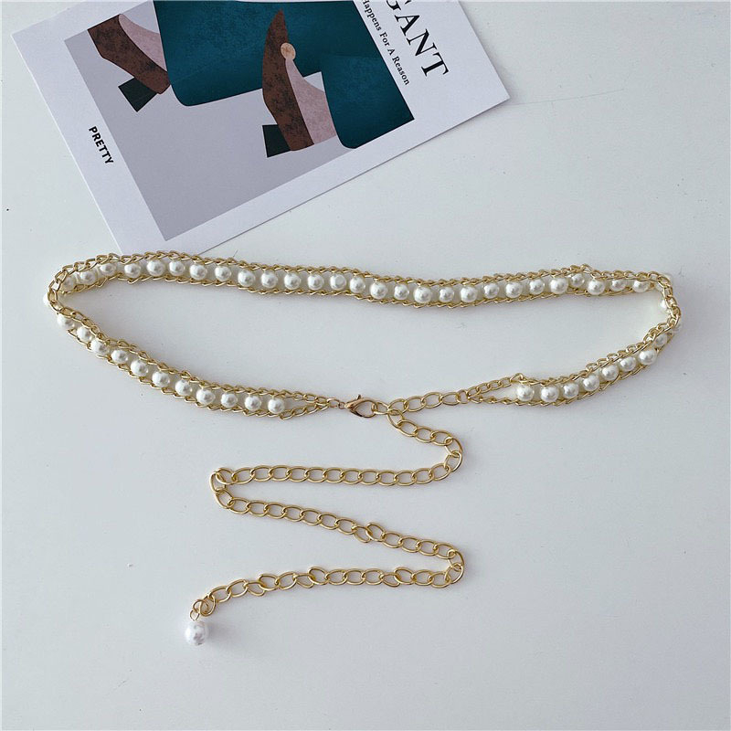 Pērļu jostas sieviešu svārki korejiešu daudzpusīgi saldi dekoratīvi plāni vidukļa ķēdes metāla ķēdes džempera kleitas aksesuāri