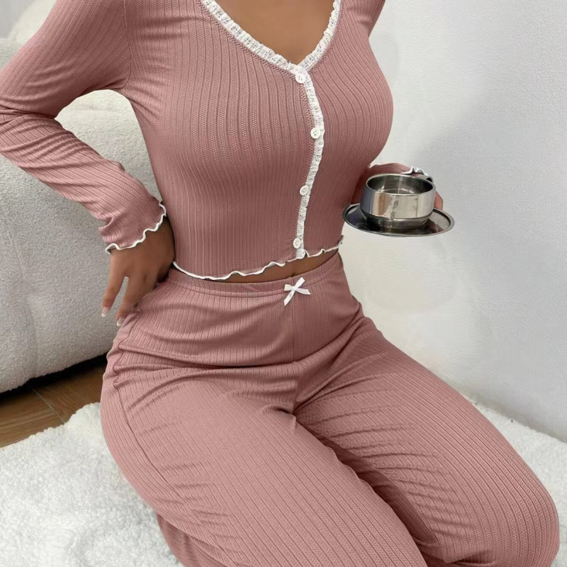 2025 Nova europska i američka kućna odjeća Amazon pidžama hlače dugih rukava uski kroj čipkasti dvostruki dugi kućni kostim