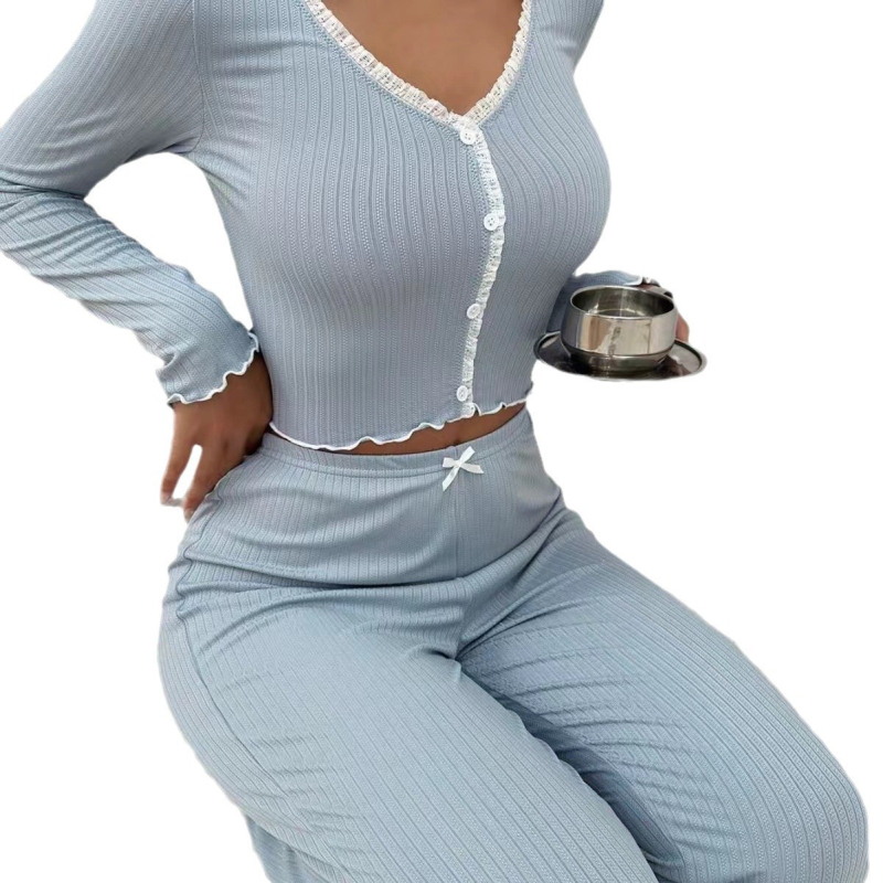 2025 Nova europska i američka kućna odjeća Amazon pidžama hlače dugih rukava uski kroj čipkasti dvostruki dugi kućni kostim