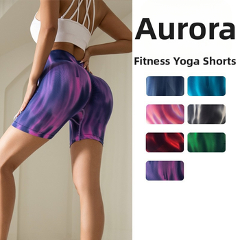 Lipsuvärvi virsikuvärvi tagumikuga naiste lühikesed püksid, Euroopa ja Ameerika Aurora erksavärvilised joogapüksid ülerõivasteks, kõrge vöökohaga tagumikku tõstvad kolmepunktilised spordipüksid