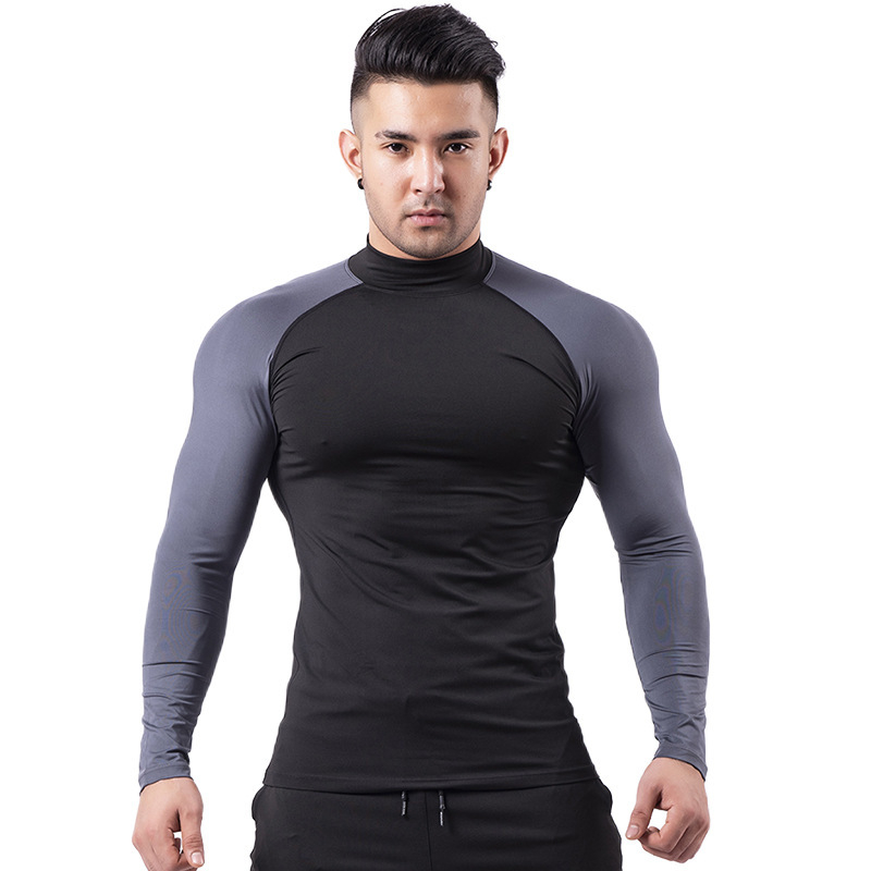 2023 Фитнес костюм Мъжки еластичен PRO тесни дрехи с висока яка, изпотяване, бързо изсъхване, тениска, бягане, спортно облекло LULU в същия стил