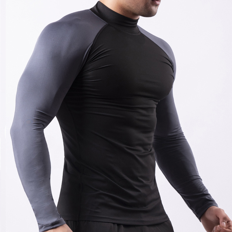2023 Фитнес костюм Мъжки еластичен PRO тесни дрехи с висока яка, изпотяване, бързо изсъхване, тениска, бягане, спортно облекло LULU в същия стил