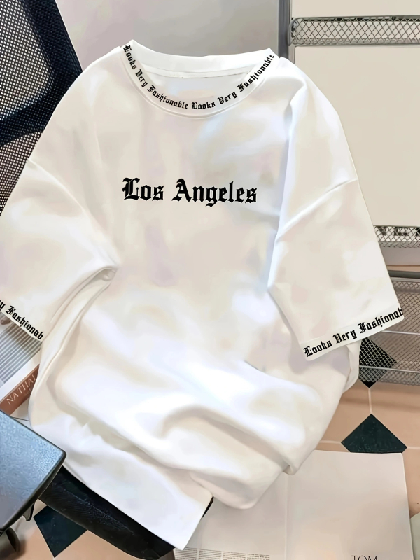 Μπλούζα με στάμπα με γράμματα στο Λος Άντζελες - Μαλακό και αναπνεύσιμο, με κοντό μανίκι, καλοκαιρινό, καθημερινό και street fashion