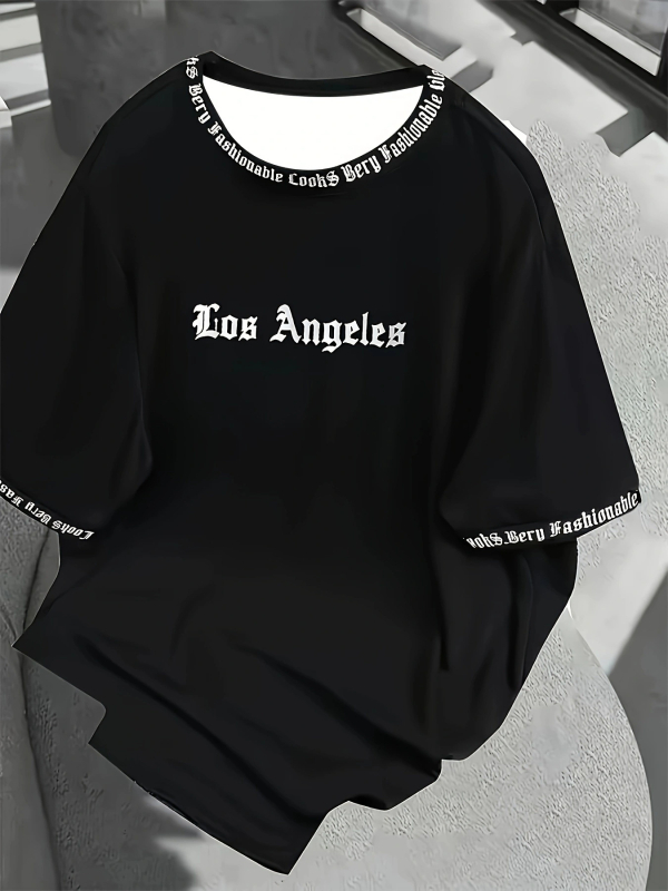 Μπλούζα με στάμπα με γράμματα στο Λος Άντζελες - Μαλακό και αναπνεύσιμο, με κοντό μανίκι, καλοκαιρινό, καθημερινό και street fashion