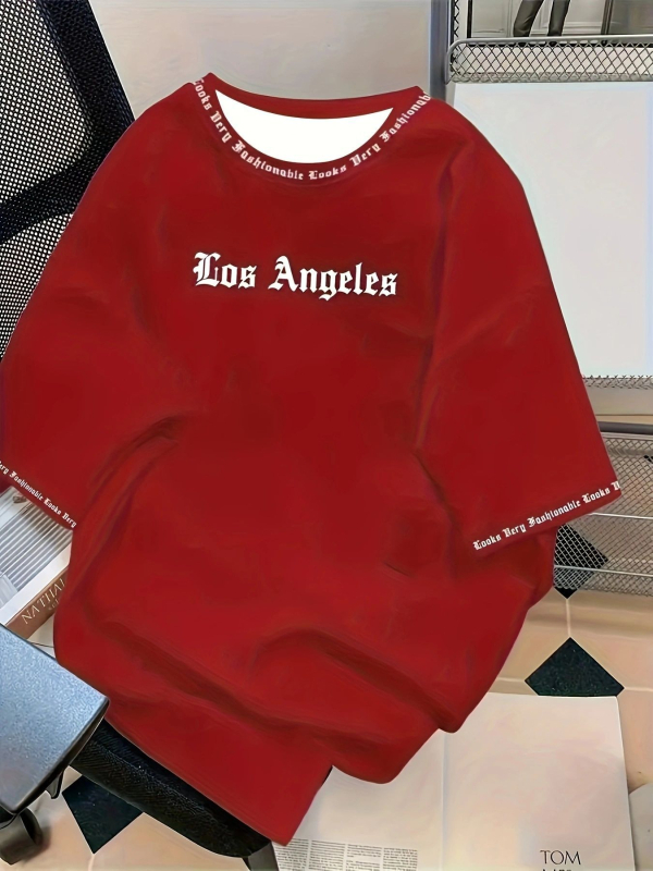 Μπλούζα με στάμπα με γράμματα στο Λος Άντζελες - Μαλακό και αναπνεύσιμο, με κοντό μανίκι, καλοκαιρινό, καθημερινό και street fashion