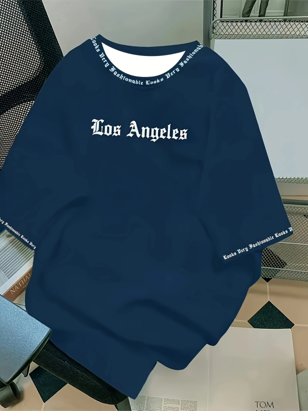 Μπλούζα με στάμπα με γράμματα στο Λος Άντζελες - Μαλακό και αναπνεύσιμο, με κοντό μανίκι, καλοκαιρινό, καθημερινό και street fashion