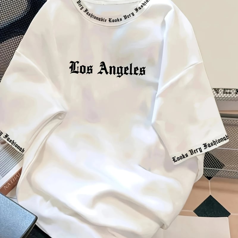 Μπλούζα με στάμπα με γράμματα στο Λος Άντζελες - Μαλακό και αναπνεύσιμο, με κοντό μανίκι, καλοκαιρινό, καθημερινό και street fashion