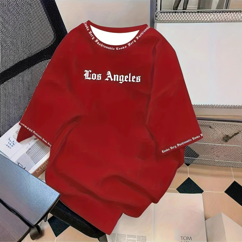 Μπλούζα με στάμπα με γράμματα στο Λος Άντζελες - Μαλακό και αναπνεύσιμο, με κοντό μανίκι, καλοκαιρινό, καθημερινό και street fashion