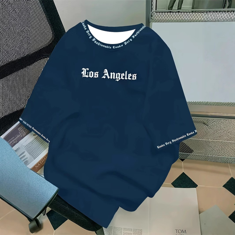 Μπλούζα με στάμπα με γράμματα στο Λος Άντζελες - Μαλακό και αναπνεύσιμο, με κοντό μανίκι, καλοκαιρινό, καθημερινό και street fashion