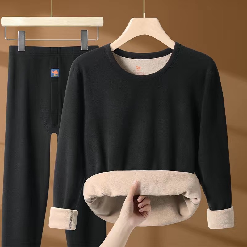 [Χοντρό μάλλινο] χειμωνιάτικο καμηλό θερμικό εσώρουχο, ανδρικό και γυναικείο κοστούμι, με φλις επένδυση και χοντρό μισό ζιβάγκο