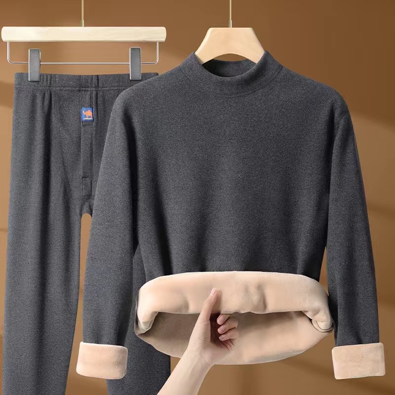 [Χοντρό μάλλινο] χειμωνιάτικο καμηλό θερμικό εσώρουχο, ανδρικό και γυναικείο κοστούμι, με φλις επένδυση και χοντρό μισό ζιβάγκο