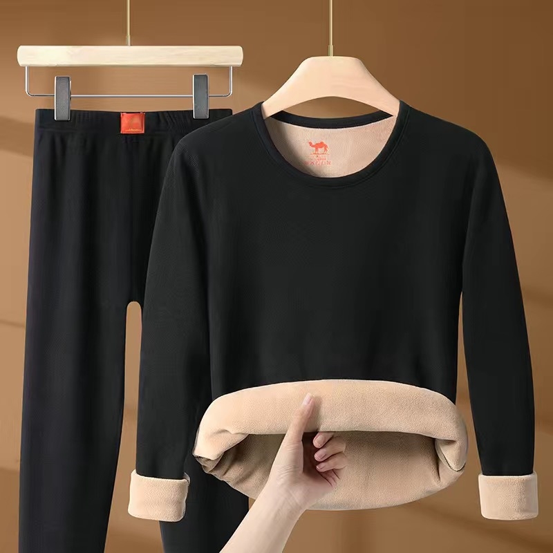 [Χοντρό μάλλινο] χειμωνιάτικο καμηλό θερμικό εσώρουχο, ανδρικό και γυναικείο κοστούμι, με φλις επένδυση και χοντρό μισό ζιβάγκο