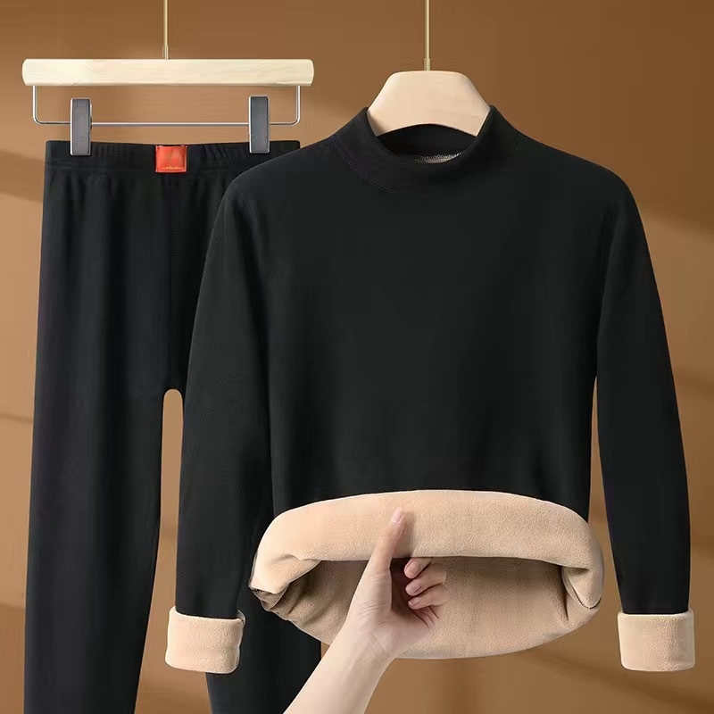 [Χοντρό μάλλινο] χειμωνιάτικο καμηλό θερμικό εσώρουχο, ανδρικό και γυναικείο κοστούμι, με φλις επένδυση και χοντρό μισό ζιβάγκο