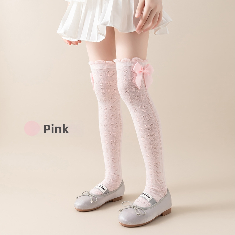 Tüdrukute suvised õhukesed põlvekõrgused võrksokid, beebi sääsesokid, laste suvised lillekujulised lipsuga kõrged sokid