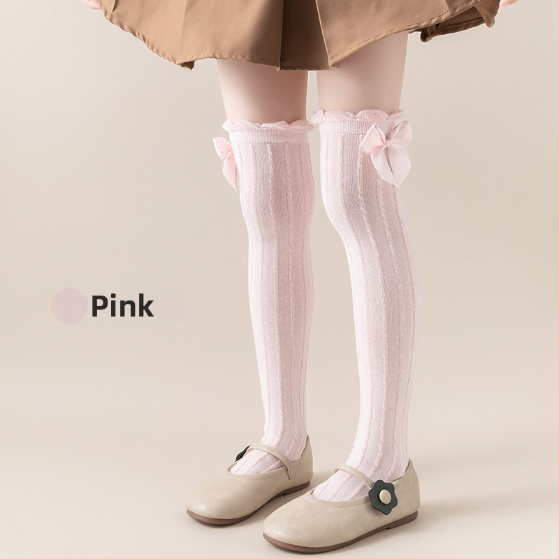 Tüdrukute suvised õhukesed põlvekõrgused võrksokid, beebi sääsesokid, laste suvised lillekujulised lipsuga kõrged sokid