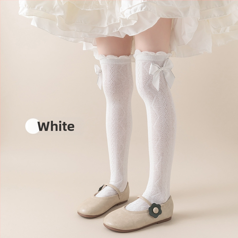 Tüdrukute suvised õhukesed põlvekõrgused võrksokid, beebi sääsesokid, laste suvised lillekujulised lipsuga kõrged sokid