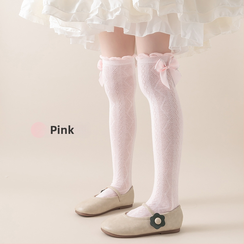 Tüdrukute suvised õhukesed põlvekõrgused võrksokid, beebi sääsesokid, laste suvised lillekujulised lipsuga kõrged sokid