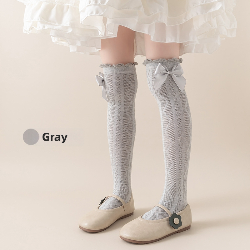 Tüdrukute suvised õhukesed põlvekõrgused võrksokid, beebi sääsesokid, laste suvised lillekujulised lipsuga kõrged sokid