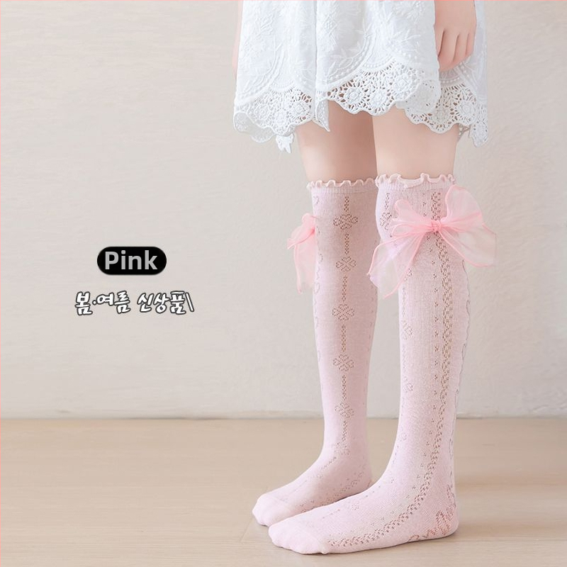 Tüdrukute suvised õhukesed põlvekõrgused võrksokid, beebi sääsesokid, laste suvised lillekujulised lipsuga kõrged sokid