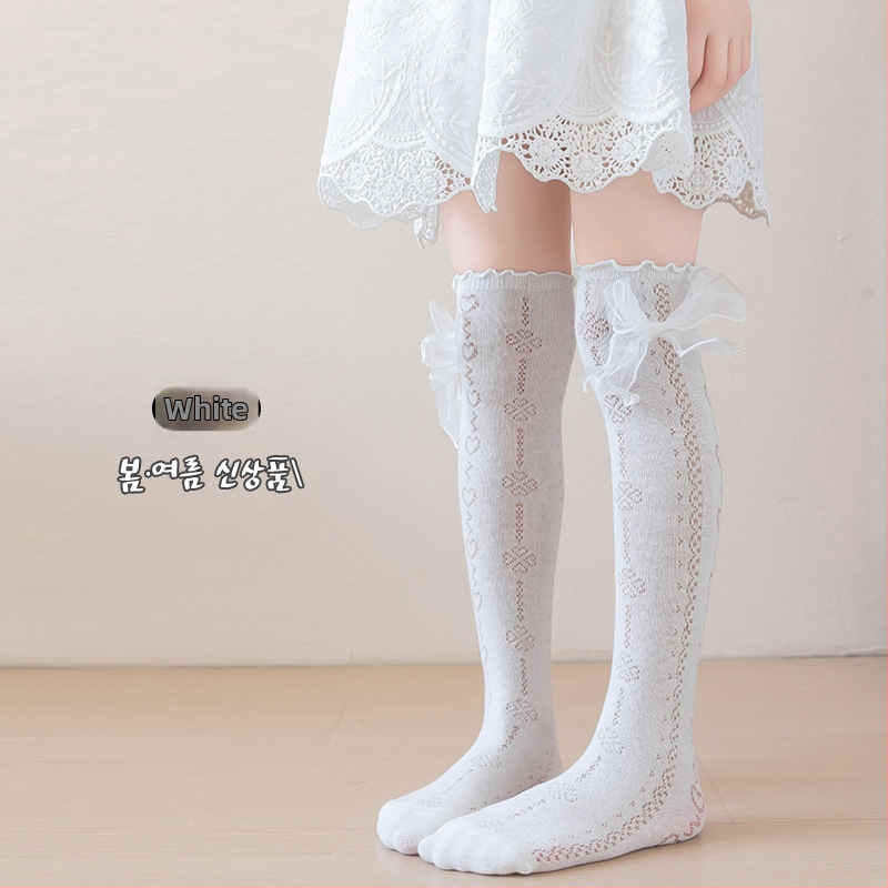 Tüdrukute suvised õhukesed põlvekõrgused võrksokid, beebi sääsesokid, laste suvised lillekujulised lipsuga kõrged sokid