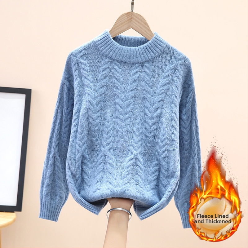 Dječji prugasti dječji zimski pulover s flis podstavom, zadebljanim donjim dijelom, pulover u zapadnjačkom stilu, korejski stil, okrugli izrez