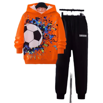 Άνοιξη και Φθινόπωρο Φούτερ με Κουκούλα - Μοντέρνο Νέο Ρούχο Δύο Τεμαχίων με Στάμπα Ποδοσφαίρου για Αγόρια - RB05-RC01