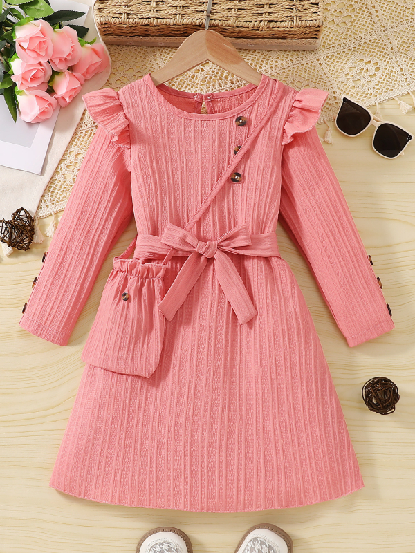 Nova djevojačka haljina, bijela dugih rukava s čipkom, Chanel stil, prugasta torbica, dječja jesenska suknja