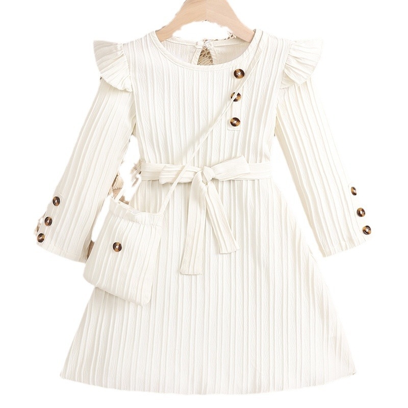Nova djevojačka haljina, bijela dugih rukava s čipkom, Chanel stil, prugasta torbica, dječja jesenska suknja