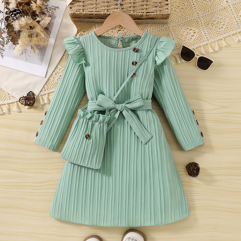 Nova djevojačka haljina, bijela dugih rukava s čipkom, Chanel stil, prugasta torbica, dječja jesenska suknja