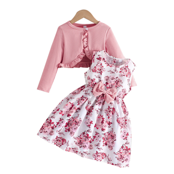 Διασυνοριακό αποκλειστικό παιδικό μονόχρωμο φόρεμα με στάμπα για μικρά και μεσαία παιδιά, μονόχρωμο, ροζ σειρά, σε δύο κομμάτια.