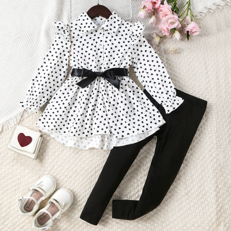 Top cu rever imprimat pentru fete AliExpress, en-gros, de primăvară și toamnă, nou, cu imprimeu de dragoste + pantaloni strâmți de culoare solidă, două piese