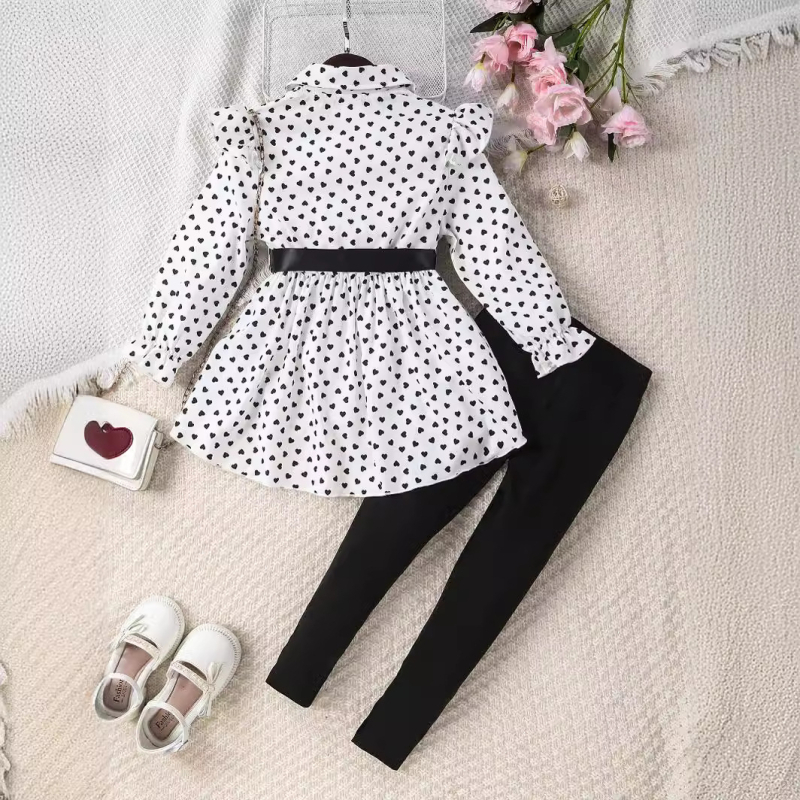 Top cu rever imprimat pentru fete AliExpress, en-gros, de primăvară și toamnă, nou, cu imprimeu de dragoste + pantaloni strâmți de culoare solidă, două piese