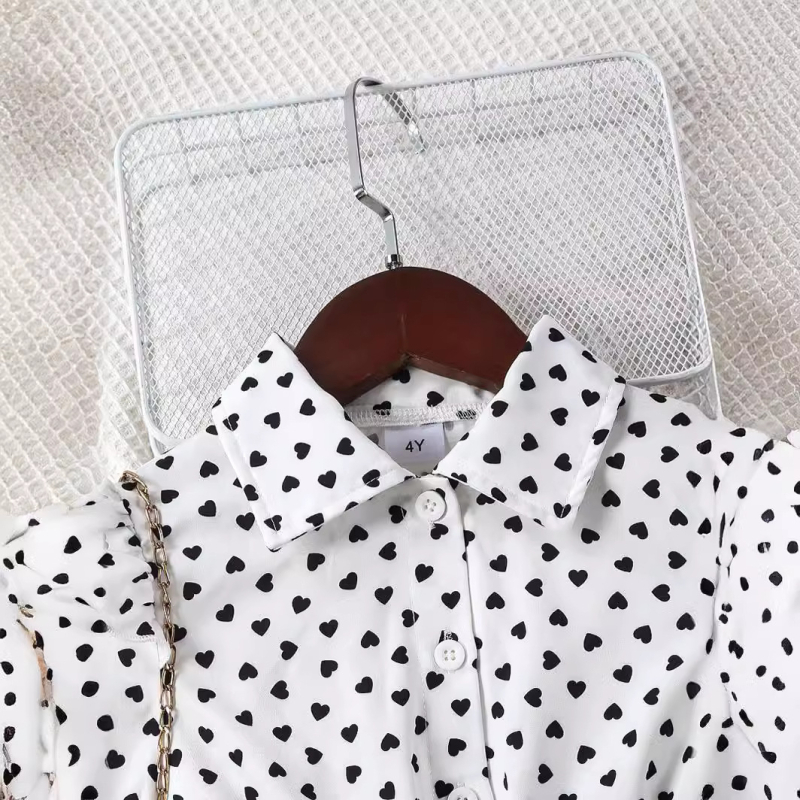 Top cu rever imprimat pentru fete AliExpress, en-gros, de primăvară și toamnă, nou, cu imprimeu de dragoste + pantaloni strâmți de culoare solidă, două piese